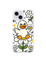 Secret Garden Duck iPhone 13 case with happy duck sitting on a large daisy and holding a flower