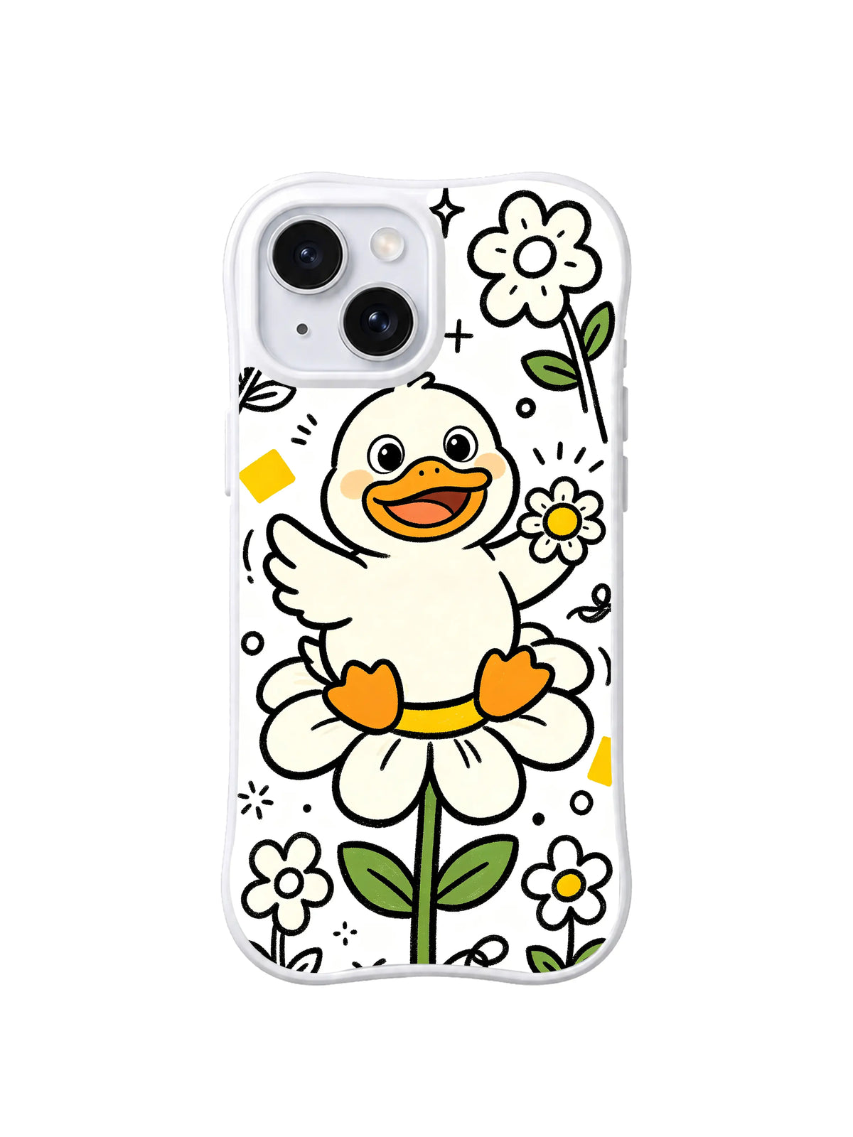 Secret Garden Duck iPhone 13 case with happy duck sitting on a large daisy and holding a flower