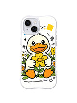 Secret Garden Duck iPhone 13 case with smiling duck holding a golden flower in a colorful garden