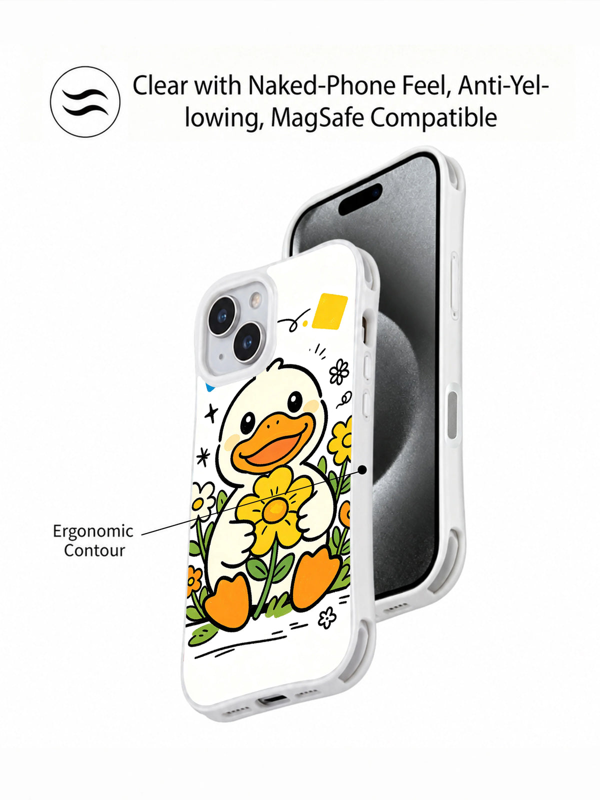 Secret Garden Duck iPhone 13 case shown with clear contour and camera opening details