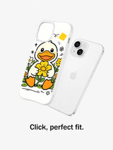 Secret Garden Duck case shown beside an iPhone 13 in a fit demonstration