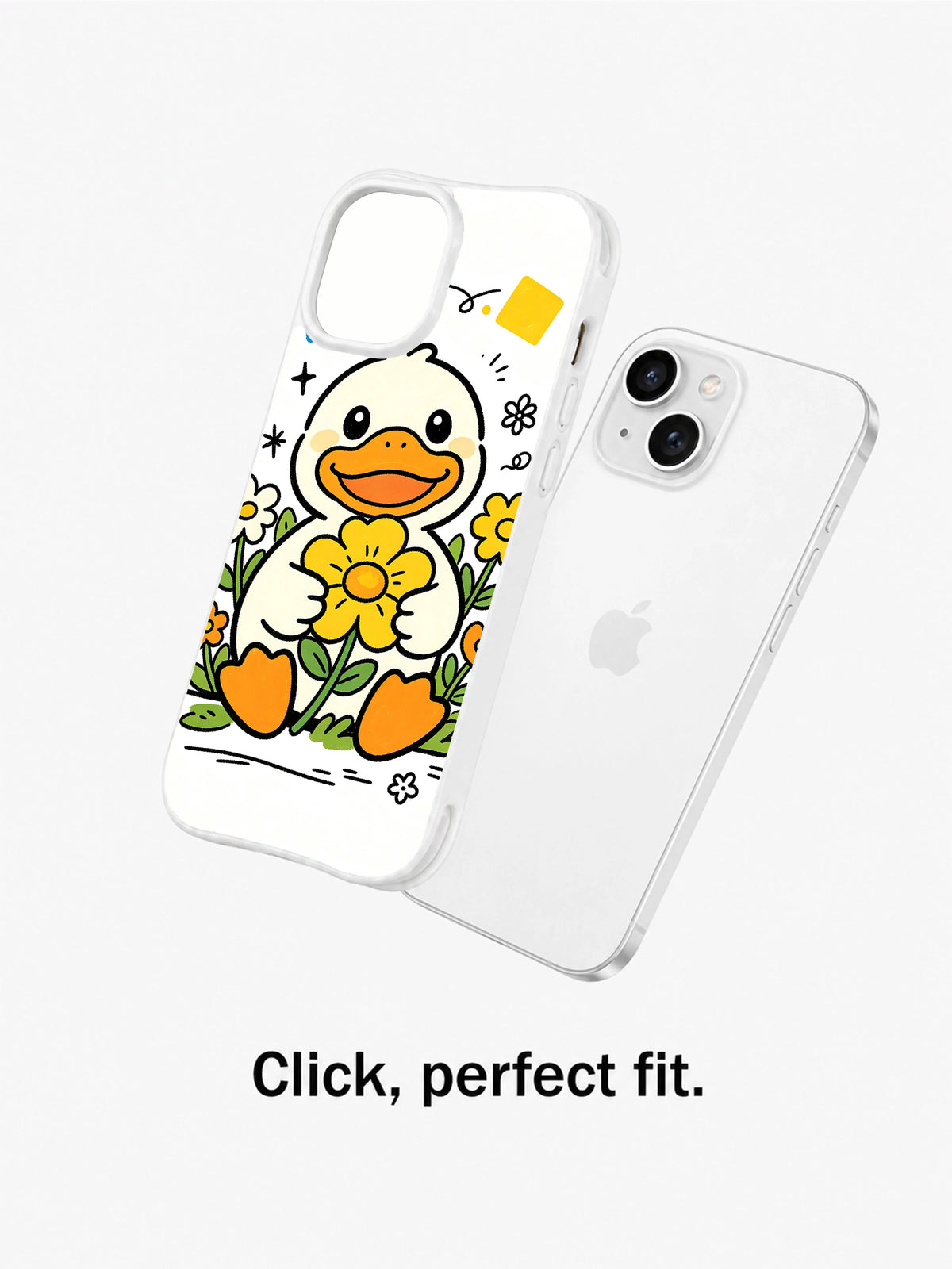 Secret Garden Duck case shown beside an iPhone 13 in a fit demonstration