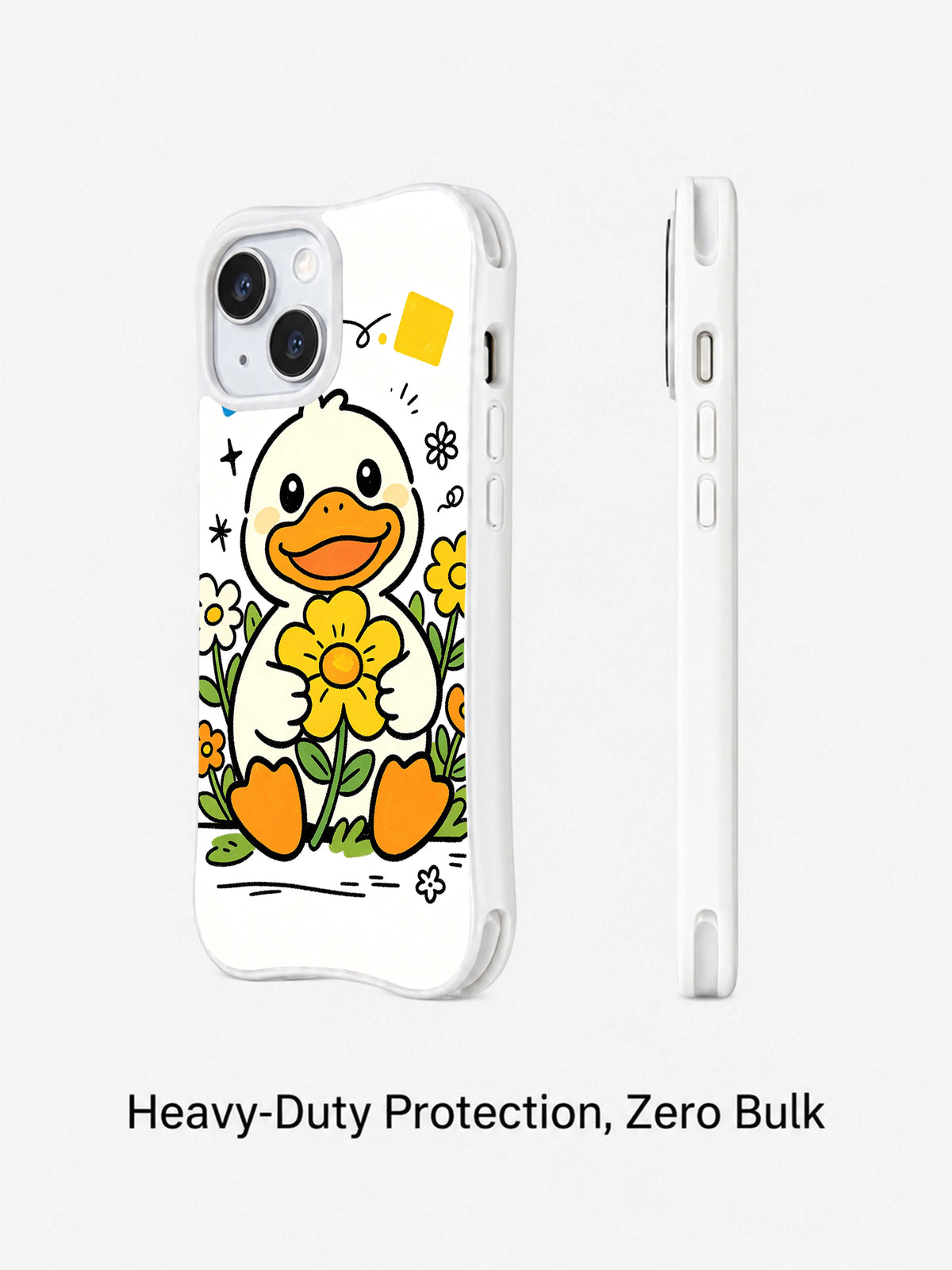 Angled and side profile views of Secret Garden Duck iPhone 13 case