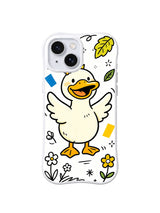 Secret Garden Duck iPhone 13 case with cheerful standing duck, garden leaves and flowers