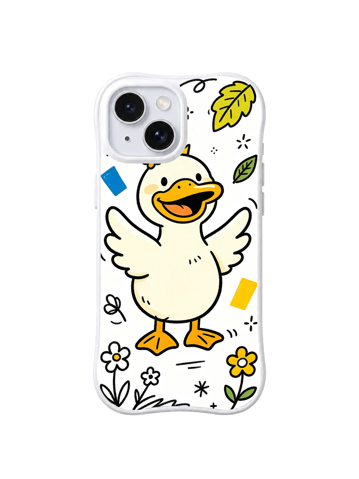 Secret Garden Duck iPhone 13 case with cheerful standing duck, garden leaves and flowers