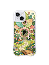 Panda Blossom Bridge: A panda rests beside a small bridge beneath a flower-shaped cottage.