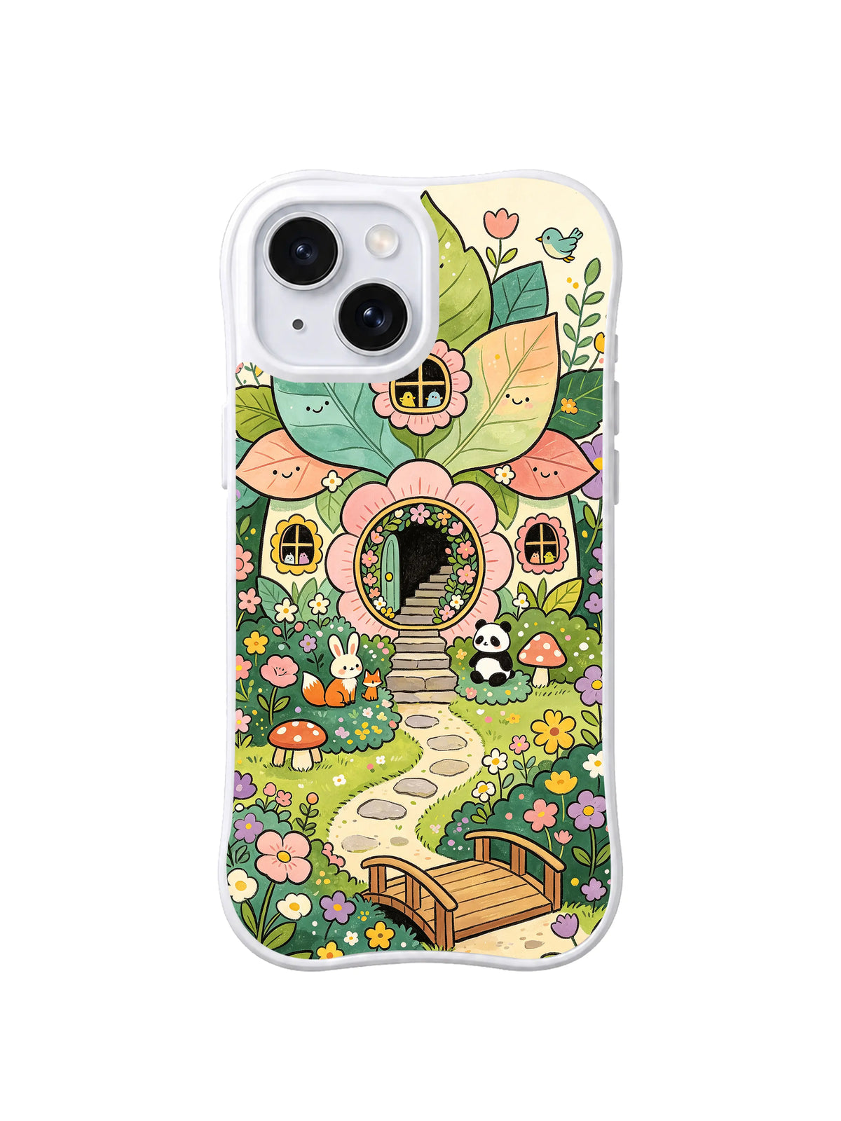 Panda Blossom Bridge: A panda rests beside a small bridge beneath a flower-shaped cottage.