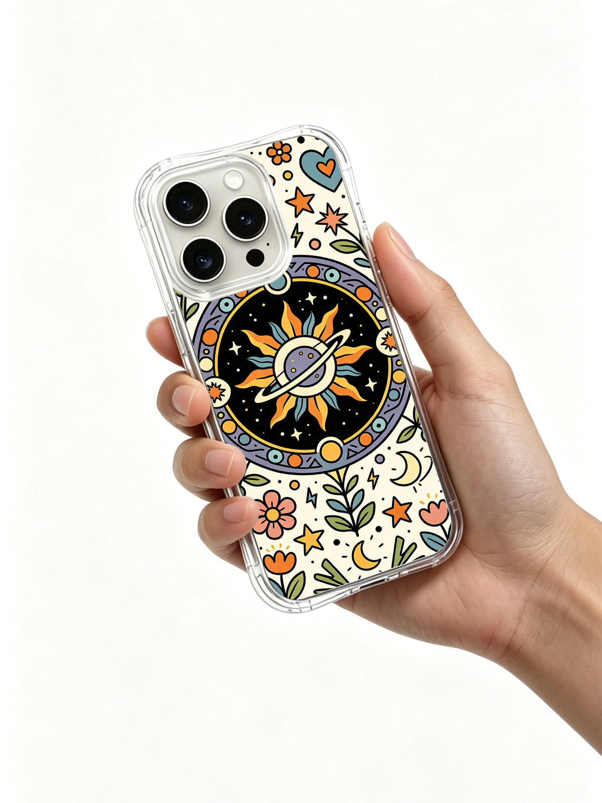 Secret Joy Universe celestial iPhone 14 Pro case held in hand