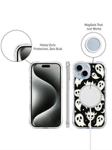 Playful gothic ghost iPhone 15 Plus case detail