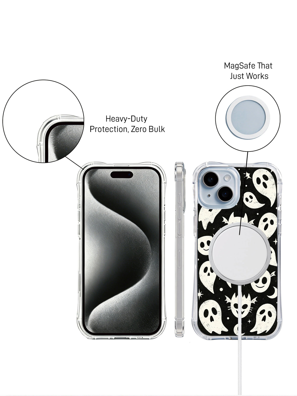 Playful gothic ghost iPhone 15 Plus case detail