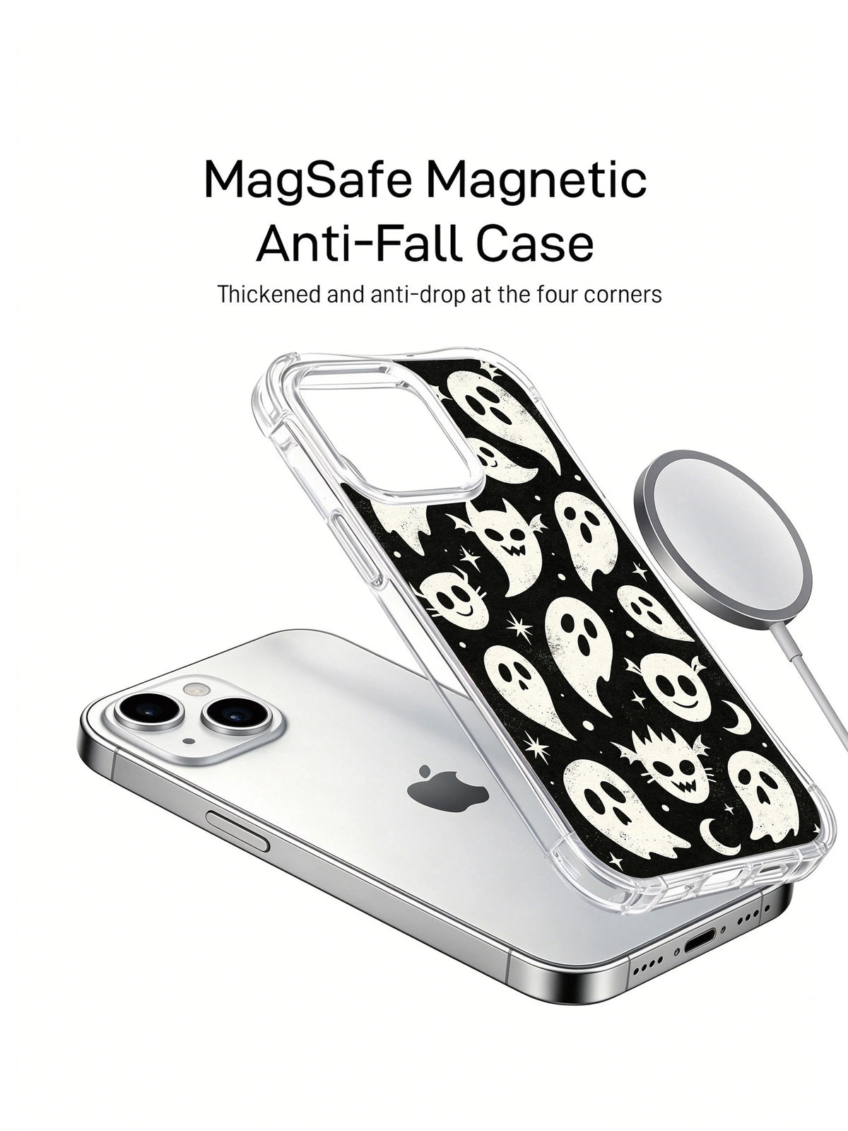 Cute black and white ghost iPhone 15 Plus case display