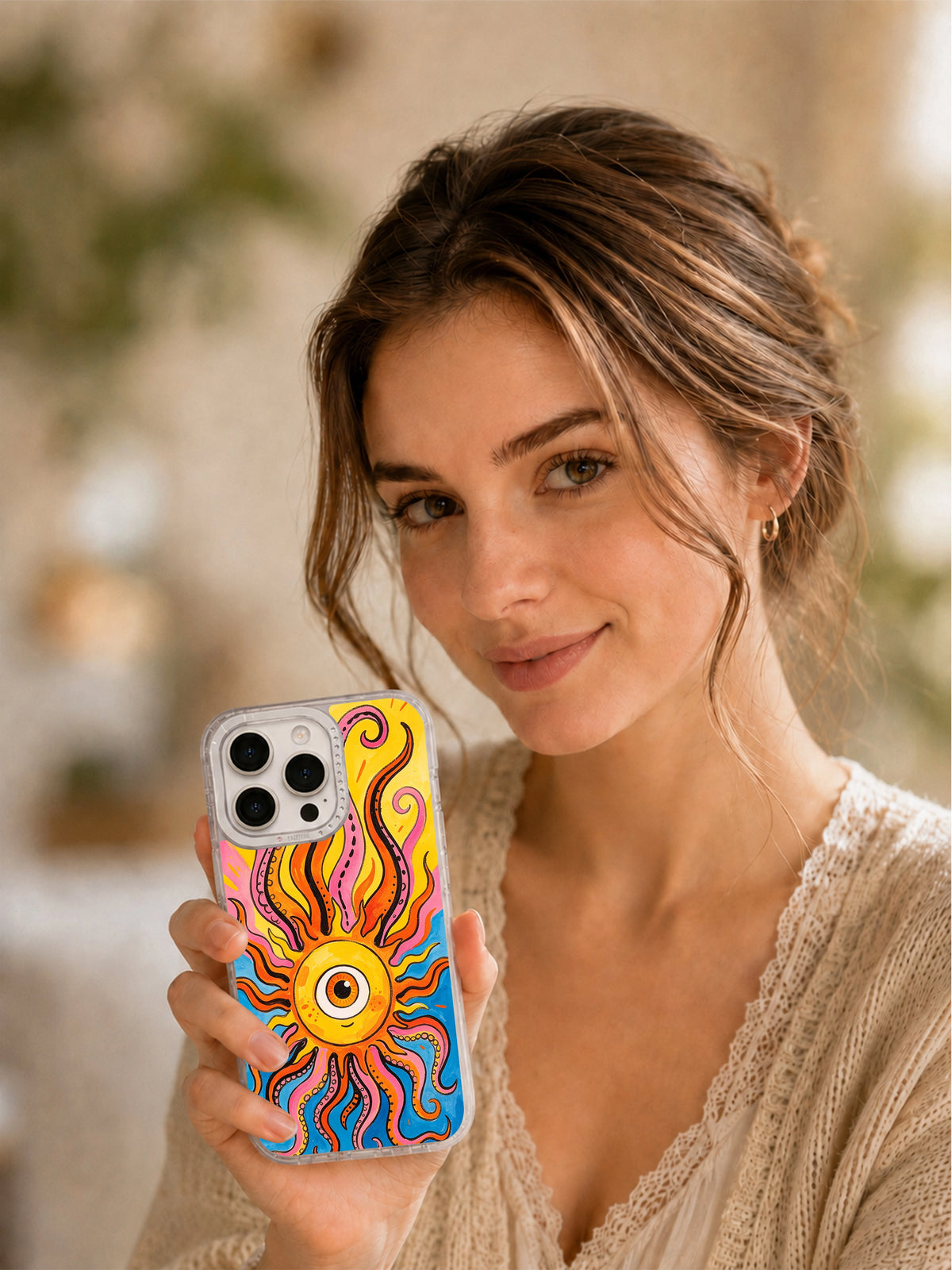 Colorful celestial eye sun phone case lifestyle portrait