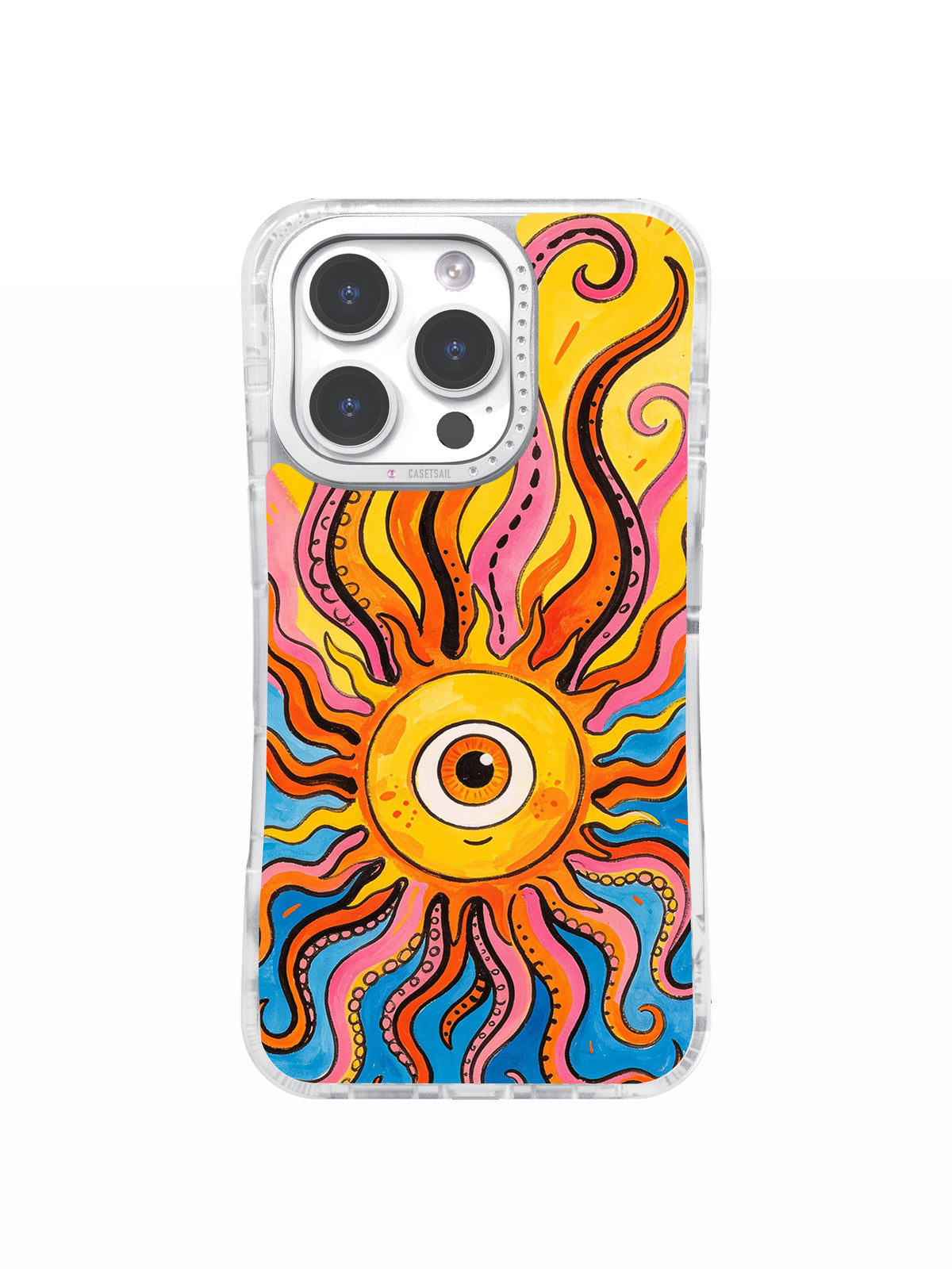 Colorful Secret Sun Creature art iPhone 15 Pro Max case front view