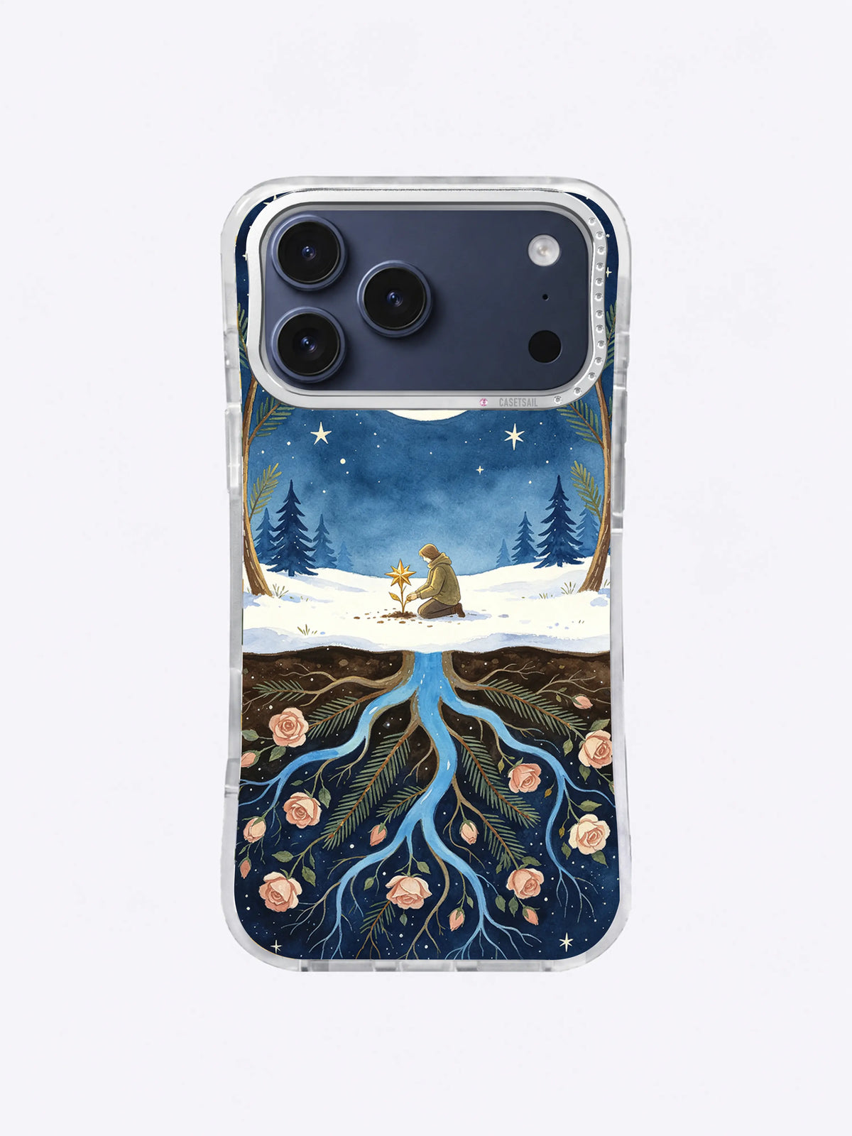 Crescent Branch Promise snowy moon art on iPhone 17 Pro Max case