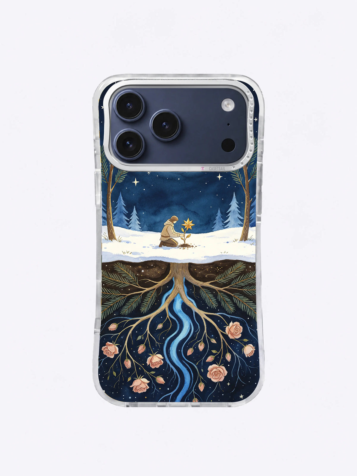 Sleeping Rose Network floral root art on iPhone 17 Pro Max case