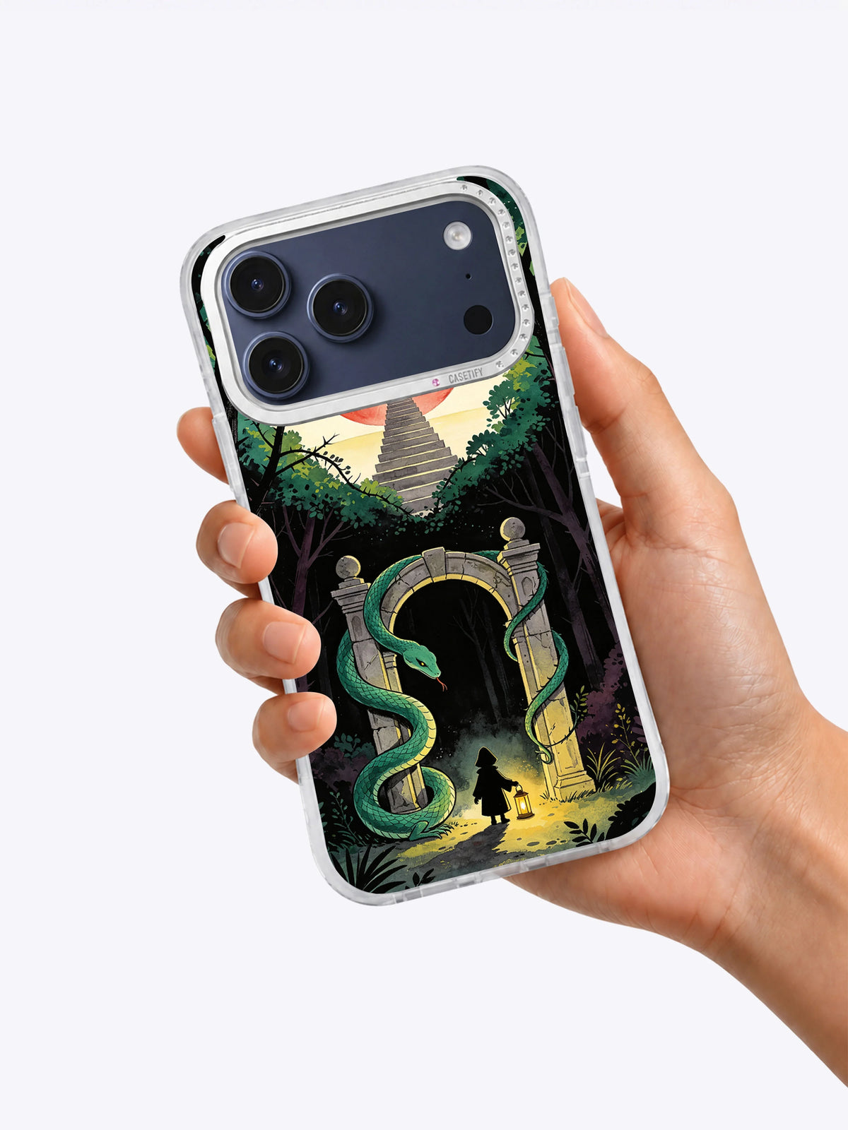 Serpent at the Moon Gate iPhone case held in hand