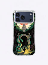 Emerald serpent coiled around a stone moon gate on an iPhone case