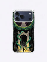 Crimson moon rising behind a stone forest passage on an iPhone case