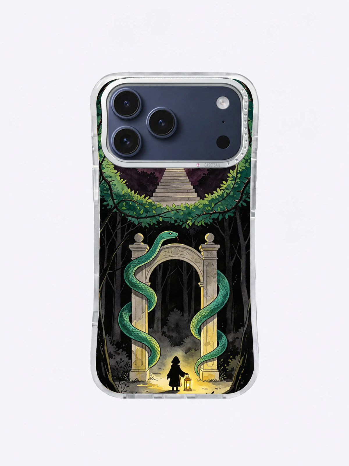 Crimson moon rising behind a stone forest passage on an iPhone case