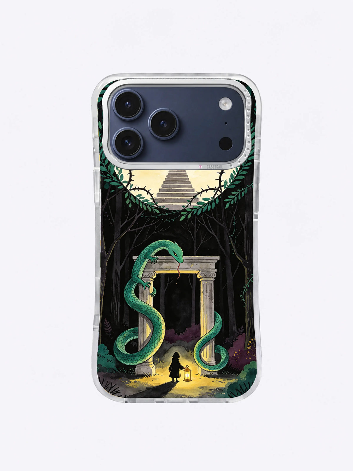 Lantern child at a mysterious forest threshold on an iPhone case