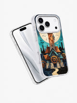 Angled view of Seven-Minute Clocktower illustrated iPhone case
