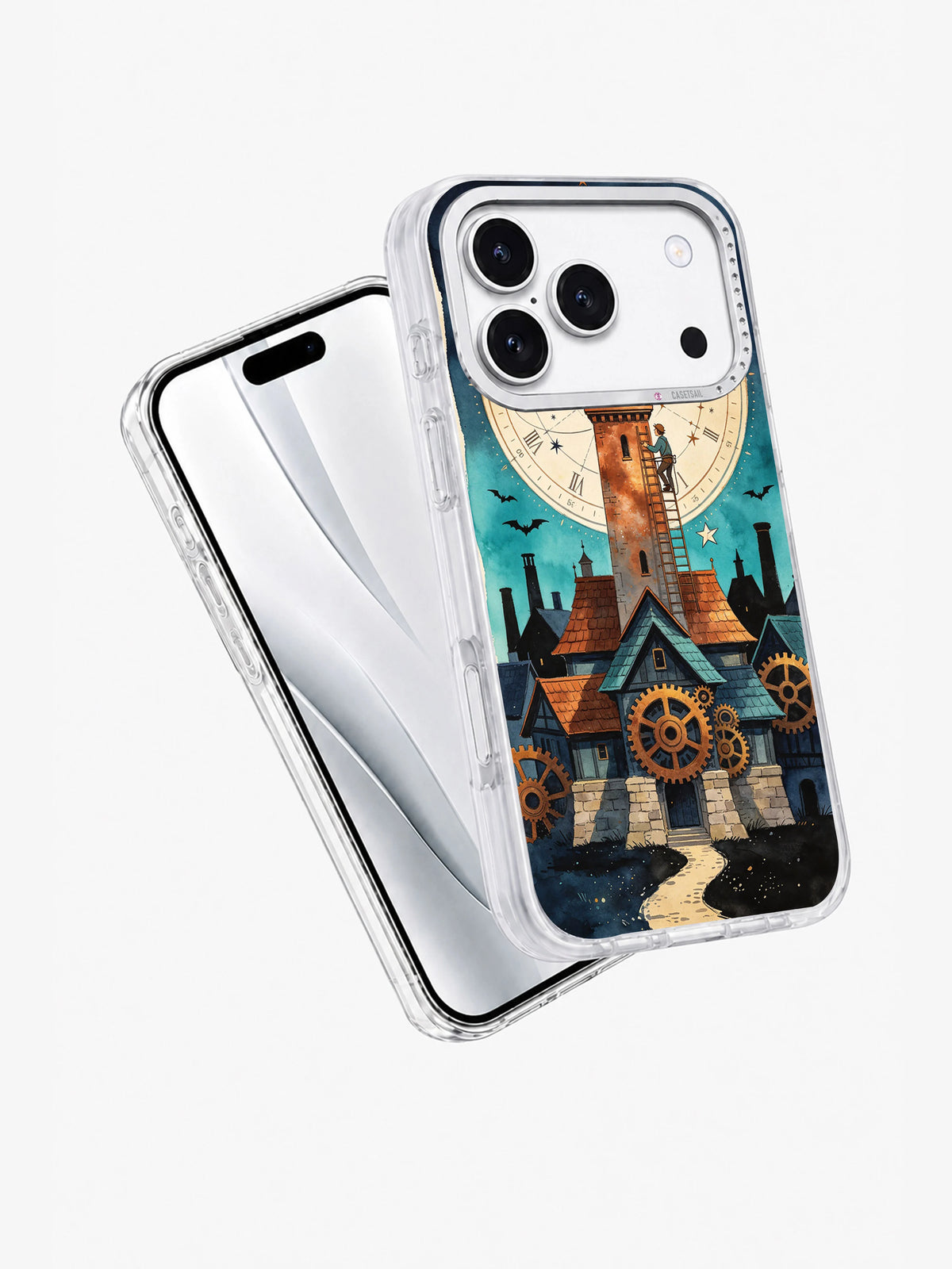 Angled view of Seven-Minute Clocktower illustrated iPhone case