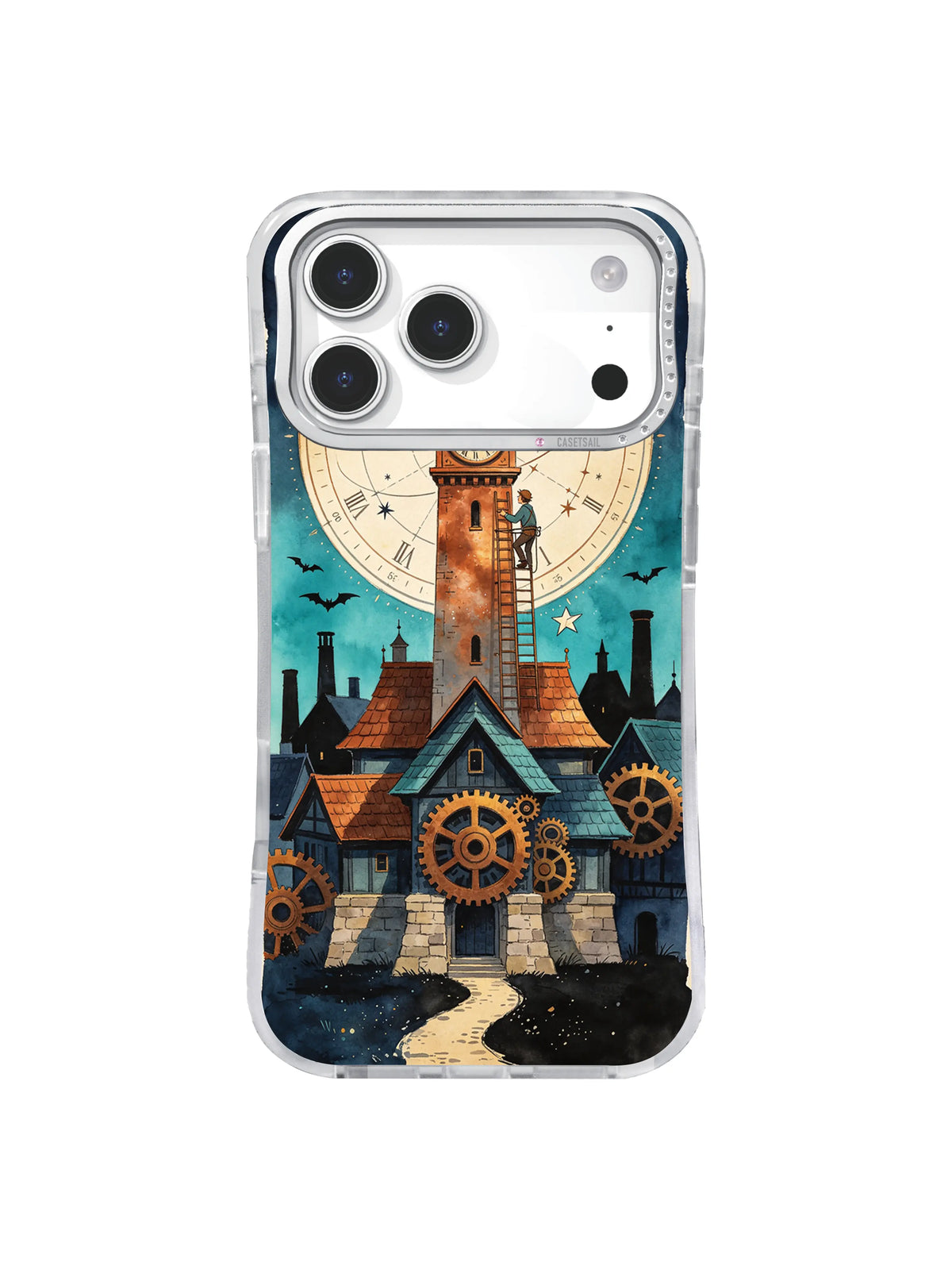 Astral Copper Tower celestial clockwork iPhone case with midnight rooftops