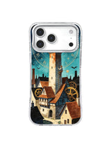 Moon Dial Rooftops iPhone case with clocktower, gears, and cyan sky