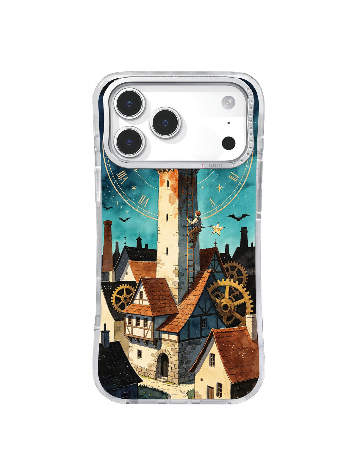 Moon Dial Rooftops iPhone case with clocktower, gears, and cyan sky