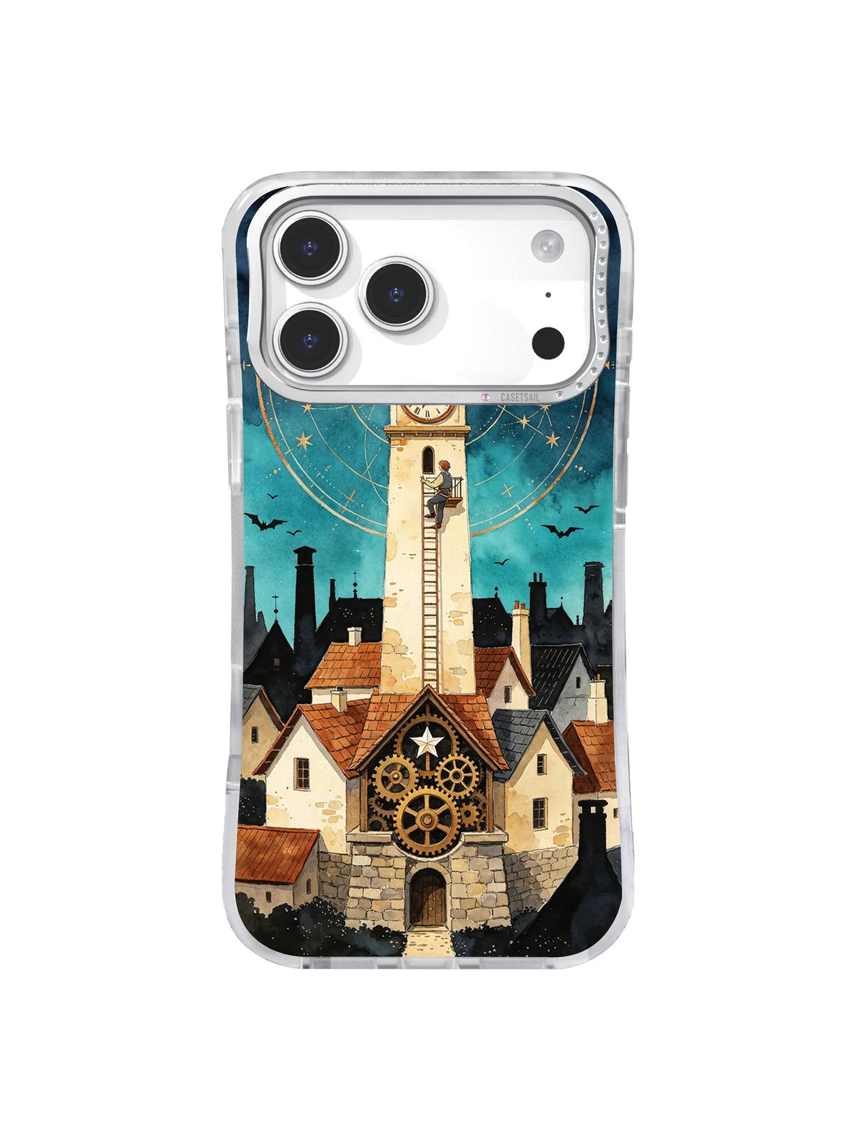 Paper Star Gearworks iPhone case with astronomical chart and village