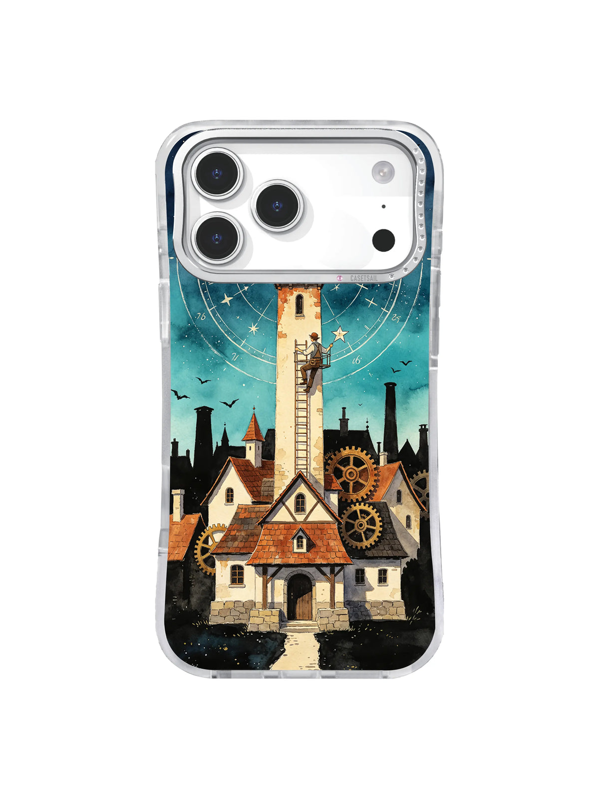 Clockmaker's Ladder dark academia iPhone case with tall cream tower