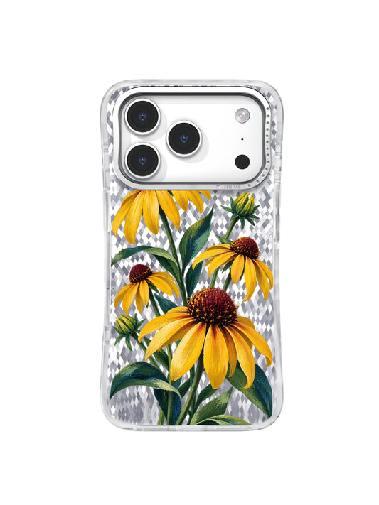 First Sun yellow coneflower artwork for iPhone 17 Pro case
