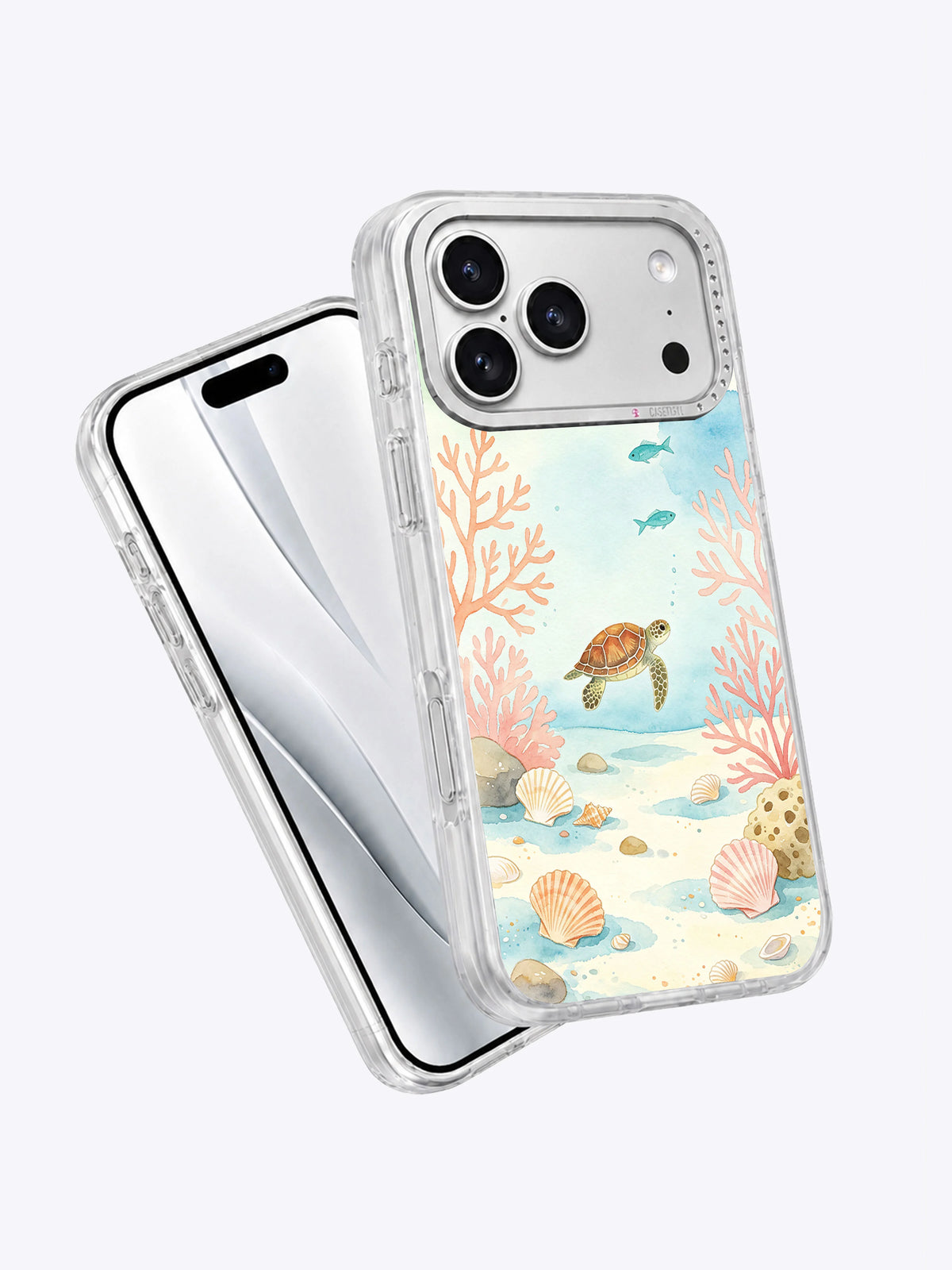 Angled view of Shell Reef Afternoon artwork on a transparent iPhone case