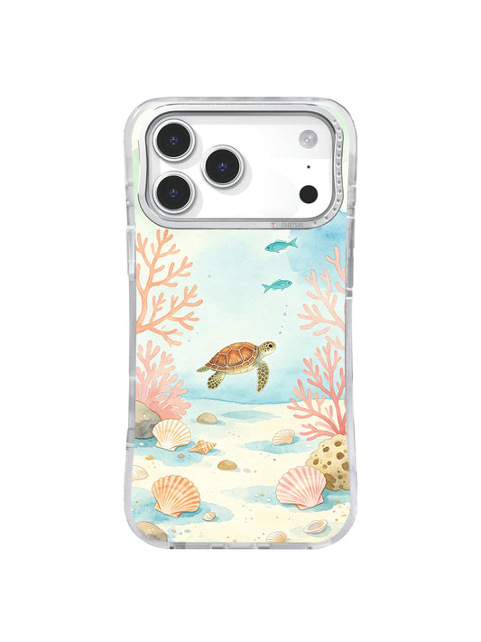 Shell Garden Turn sea turtle case art with peach coral and scallop shells