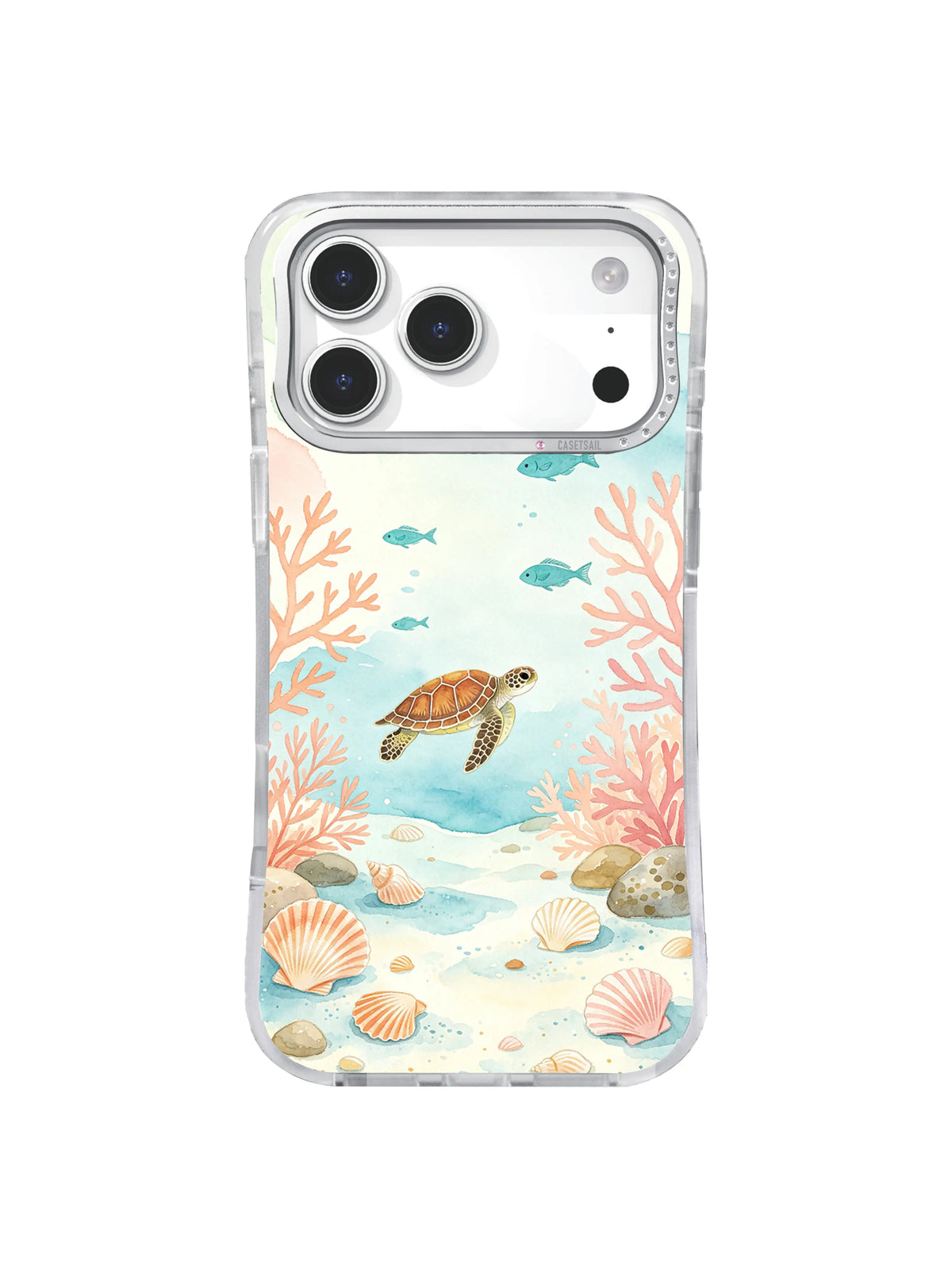 Aqua Reef Drift coastal case art with a small turtle over pale shells and stones