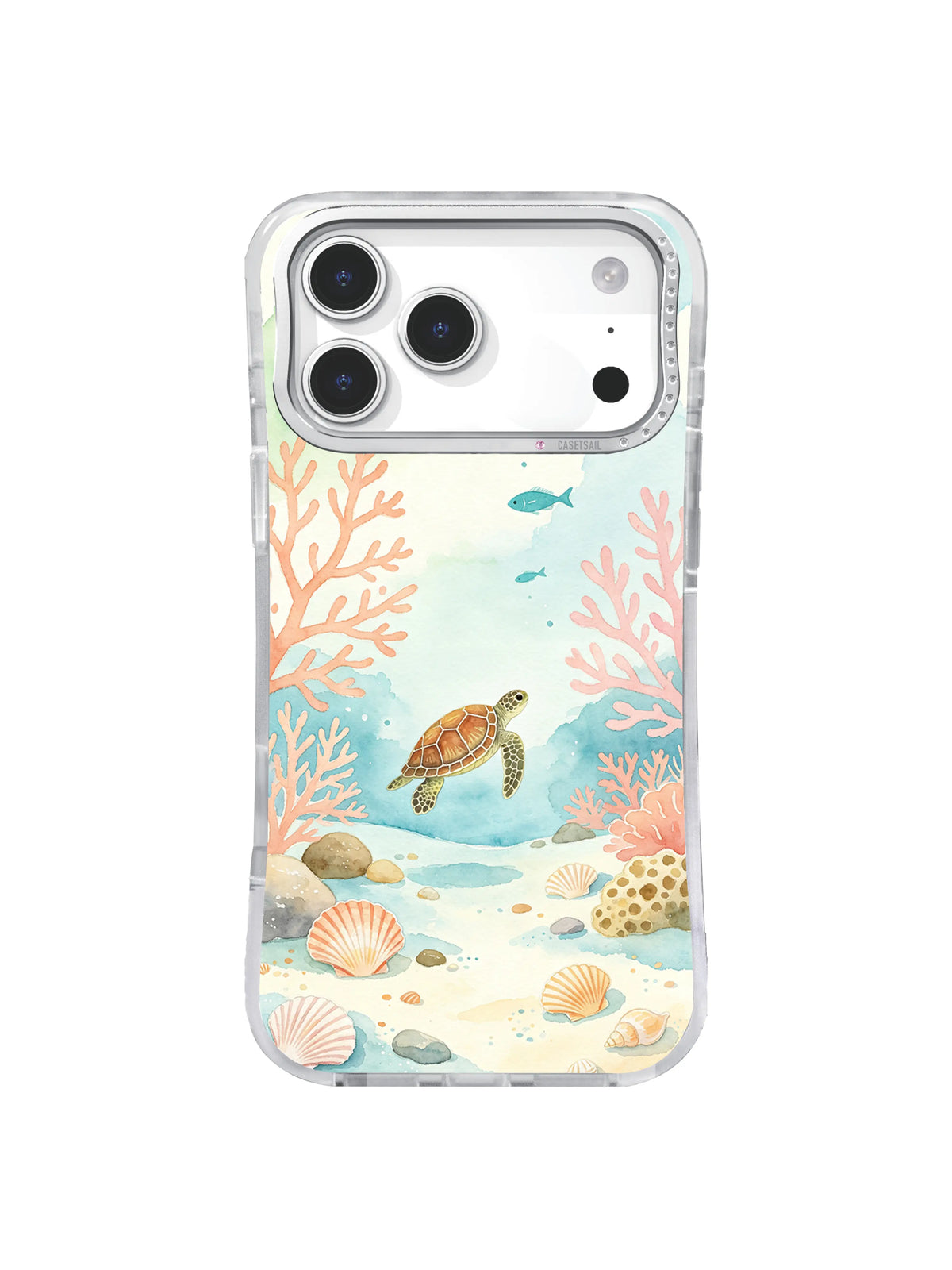 Pink Frond Lagoon sea turtle case art framed by dusty pink and turquoise plants