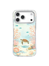 Scallop Cove Pause seashell reef iPhone case art with a low-swimming turtle