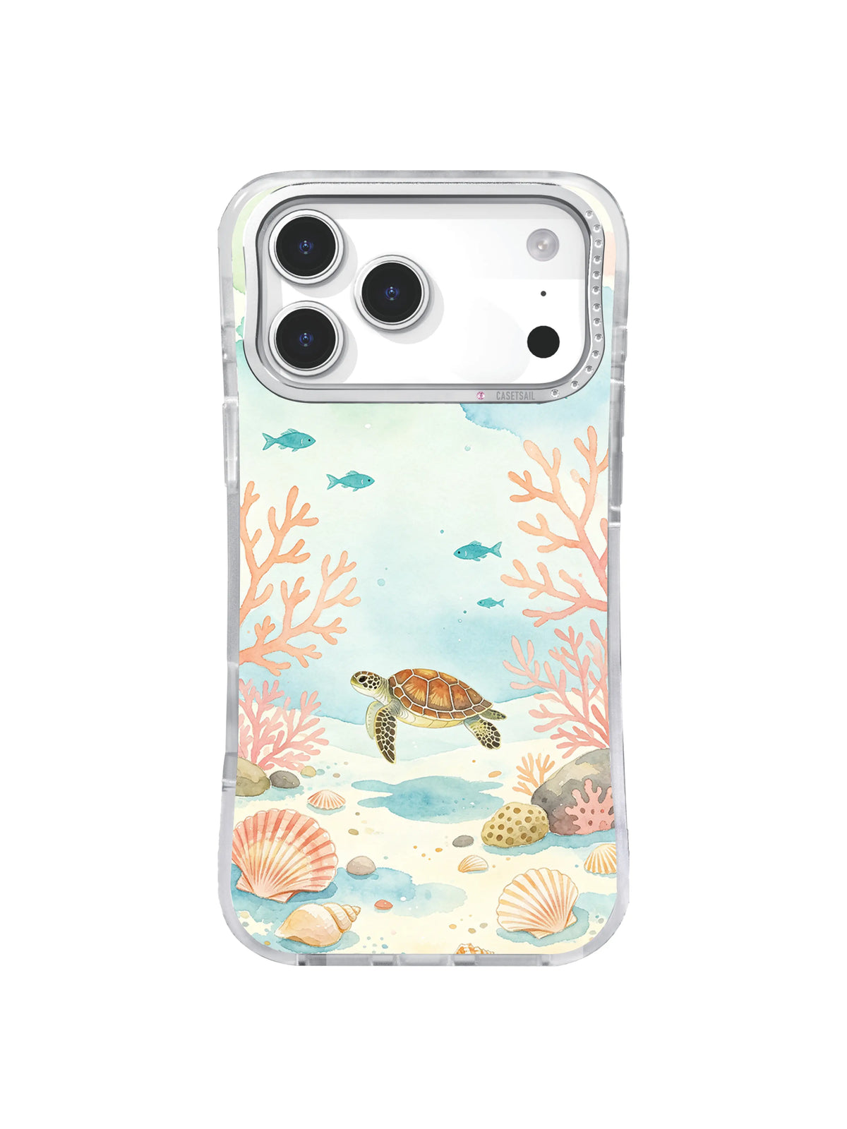 Scallop Cove Pause seashell reef iPhone case art with a low-swimming turtle