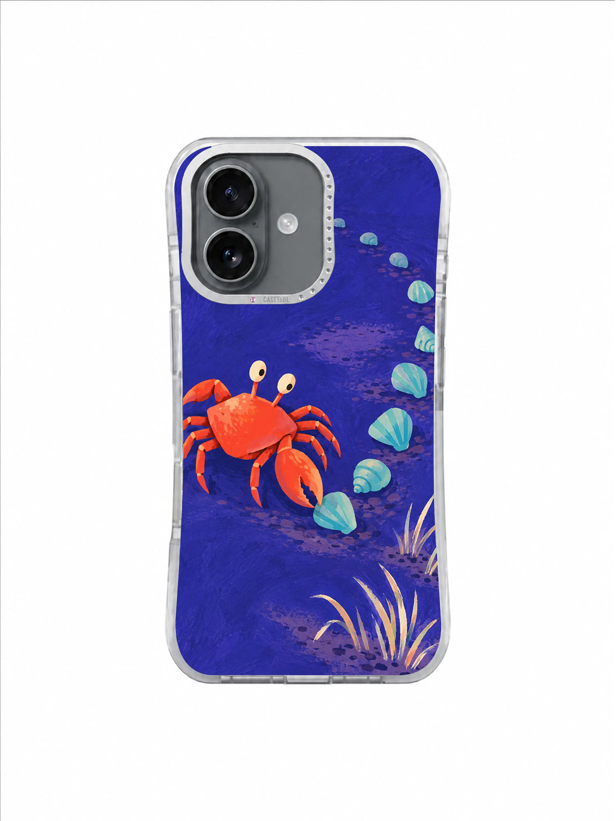 Coral crab and turquoise shells forming a low horseshoe curve on a blue-violet phone case