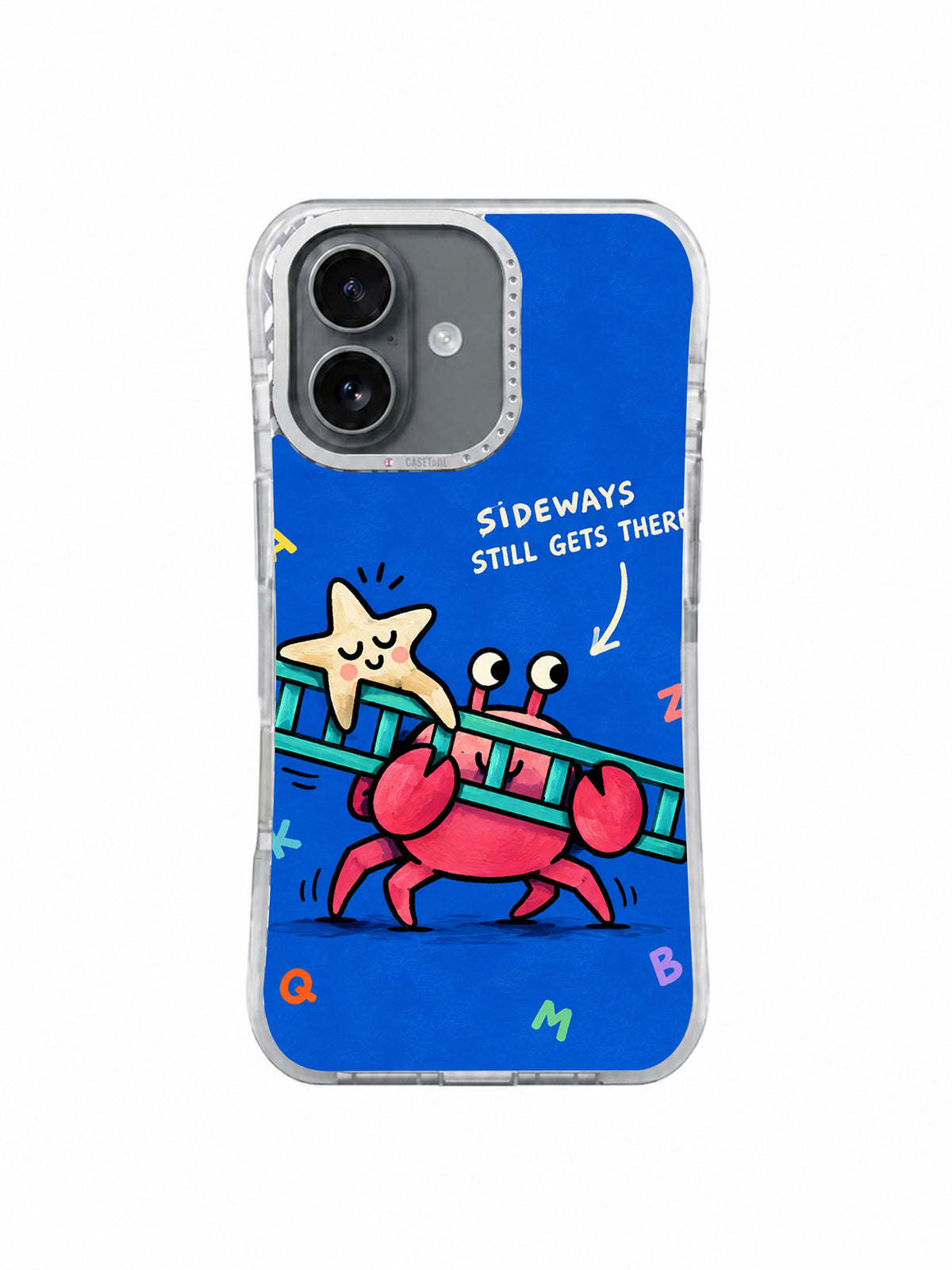 Sideways Still Gets There pink crab artwork shown on an iPhone 16 case front view