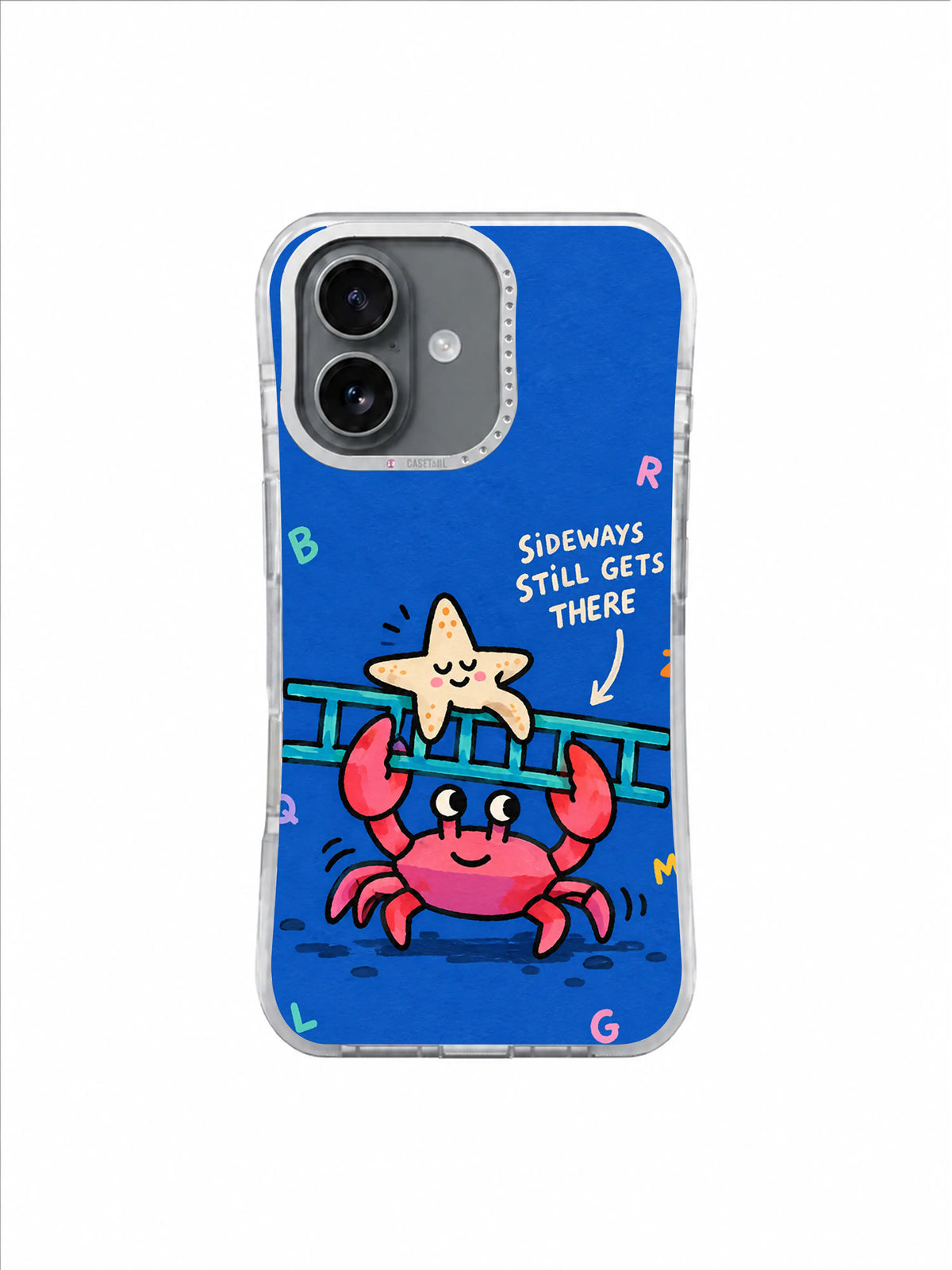 Bright pink crab carrying a turquoise ladder sideways with a sleepy cream starfish on a blue illustrated background