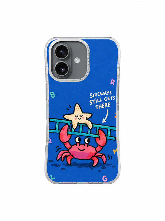 Bright pink crab carrying a turquoise ladder sideways with a sleepy cream starfish on a blue illustrated background