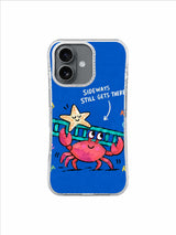 Pink crab taking its own sideways route with a ladder and starfish in cheerful blue coastal artwork