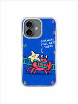 Pink crab and cream starfish traveling sideways with a turquoise ladder in playful hand painted artwork
