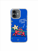 Turquoise ladder carried by a bright pink crab beneath a sleepy starfish in blue whimsical artwork