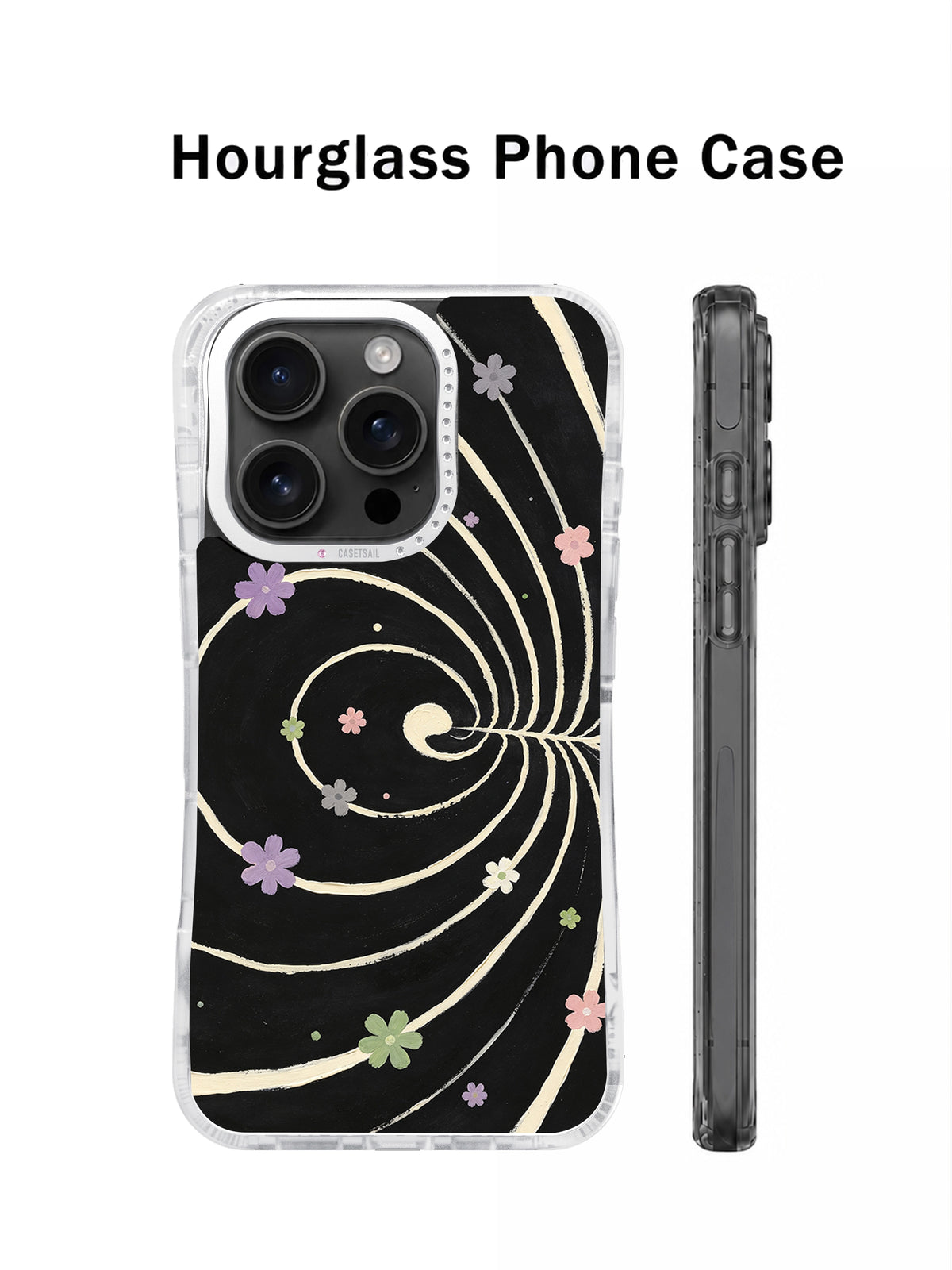 Black floral hourglass phone case shown from the back and side