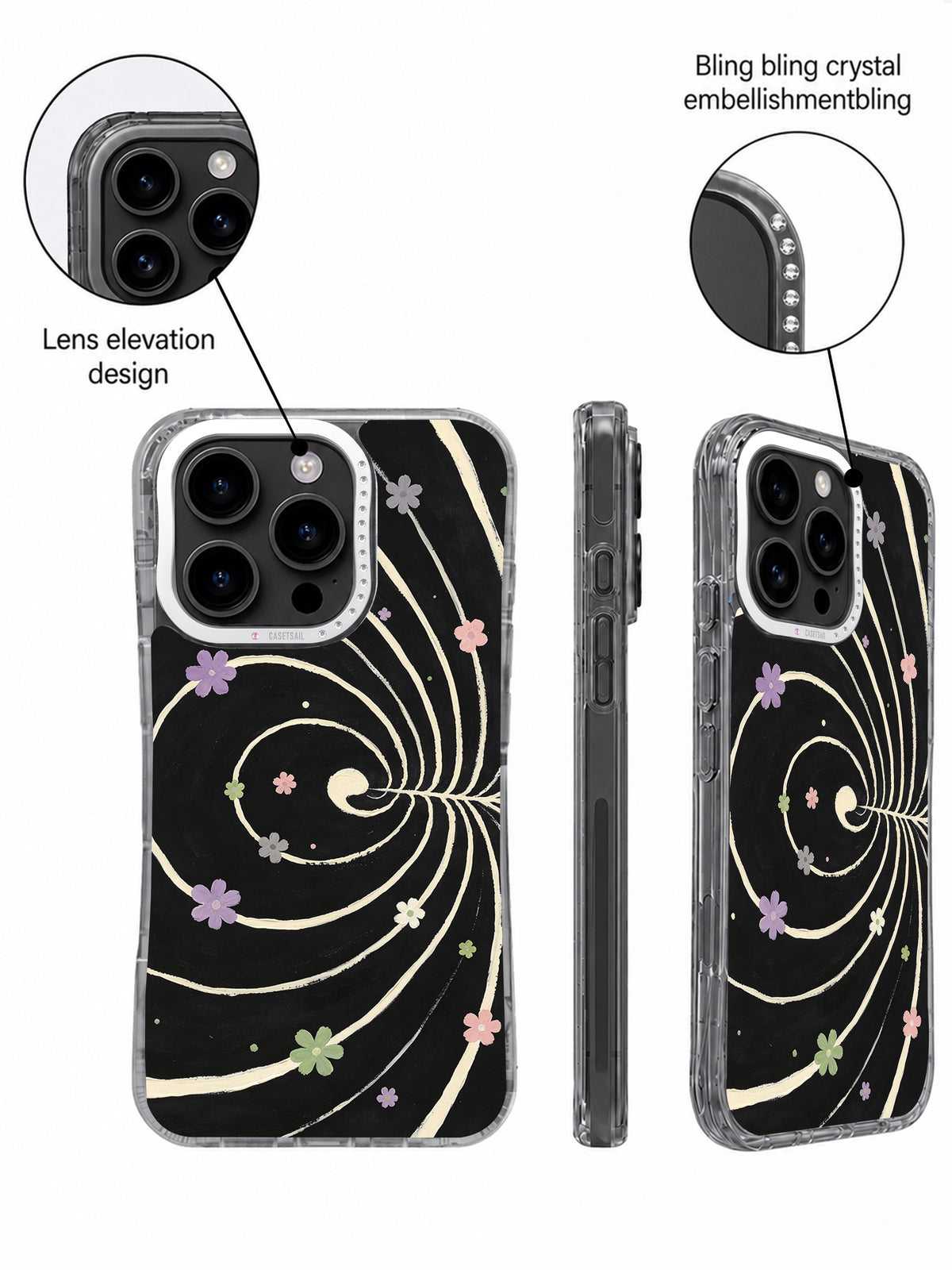 Close-up of crystal-accented raised camera frame on black abstract floral case