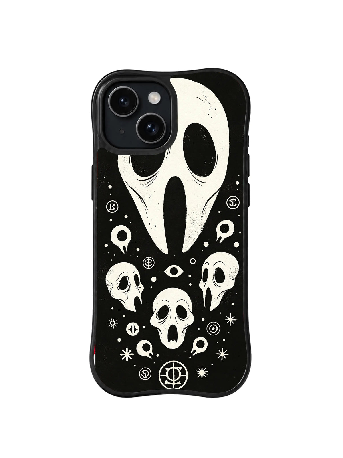 Hollow Scream Orbit black and white mask pattern on iPhone 15 Plus case