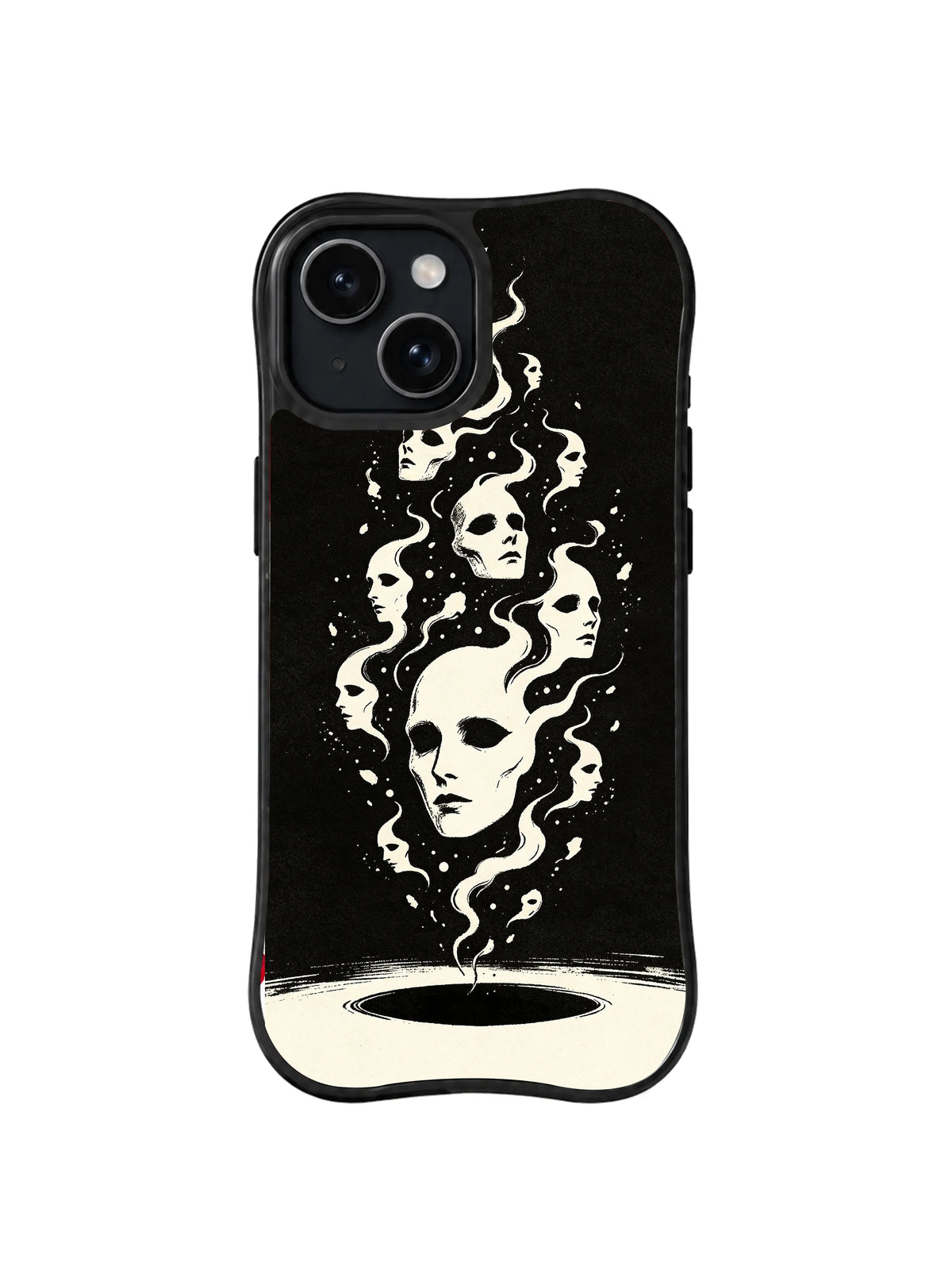Smoke Veil Witnesses floating face artwork on black iPhone 15 Plus case