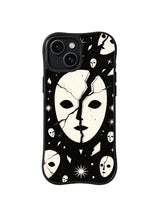 Split Moon Persona abstract mask artwork on black iPhone 15 Plus case